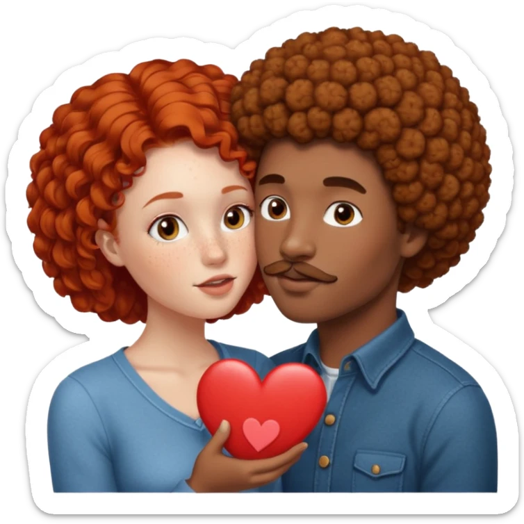 one black male with a small afro and mustache kissing a redhead girl with freckles and brown eyes on ten cheek with a heart between them sticker