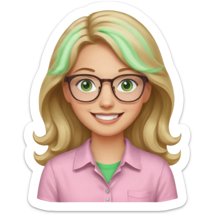 long wavy dirty blonde hair woman with green eyes and glasses smiling sticker