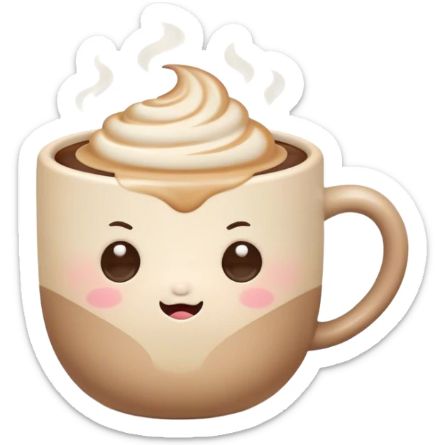 Cute Kawaii Coffee Cup, cozy and warm, a tiny swirl of steam shaped like a heart, round chubby face with a sleepy but content expression, soft pastel brown and cream colors, perfect morning vibes! sticker