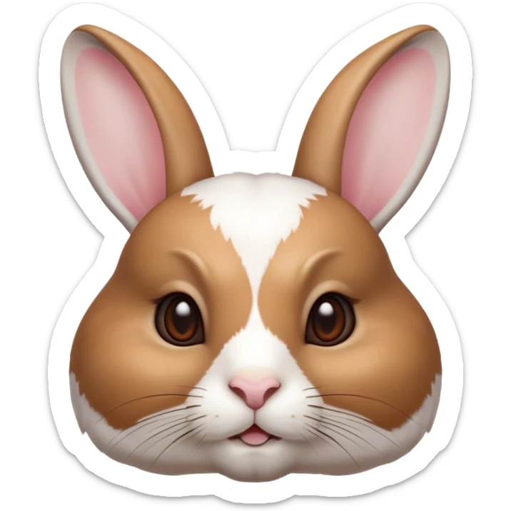 Cinematic Noble White and Brown Rabbit Portrait Emoji, Poised and regal, with a balanced, compact build and a beautifully patterned fur of pristine white accented by rich brown patches, long, alert ears and deep-set soulful eyes, Simplified yet sharp and sophisticated features, highly detailed, glowing with a soft, dignified glow, high shine, intelligent and gentle, stylized with an air of refined charm, focused and attentive, soft glowing outline, capturing the essence of a watchful and confident companion, so majestic it feels as though it could hop out of the screen with effortless authority! sticker