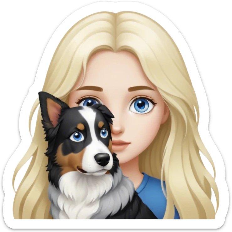 pale girl with blue eyes and long blonde hair and black white Australian shepherd. sticker