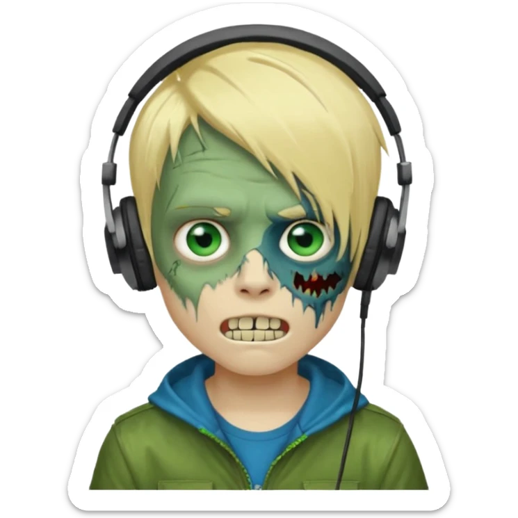 boy zombie whit blonde emo hair and eyes blue and GREEN SKIN and heandphones and a microfone and gold teeth sticker