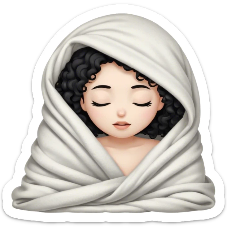 White skin color black curly hair girl inside a blanket eyes closed sticker