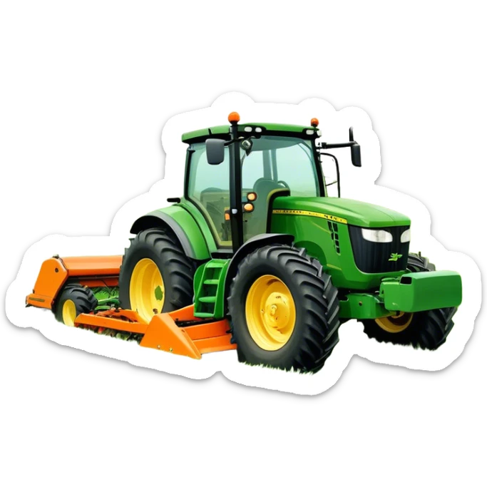 Howard EHD 180 (2019) – Cinematic-realistic John Deere 6155M tractor towing a Howard EHD 180 slasher, its green and yellow frame cutting through thick overgrown paddocks. The bright orange slasher spins rapidly, clearing a wide path of grass as birds scatter into the air sticker