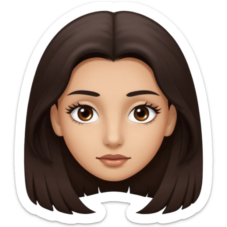 Rostro de forma ovalada con facciones delicadas. Ojos grandes y expresivos de color café oscuro, con pestañas largas y definidas. Cejas oscuras, pobladas y bien formadas color de piel trigeña y cabello largo sticker
