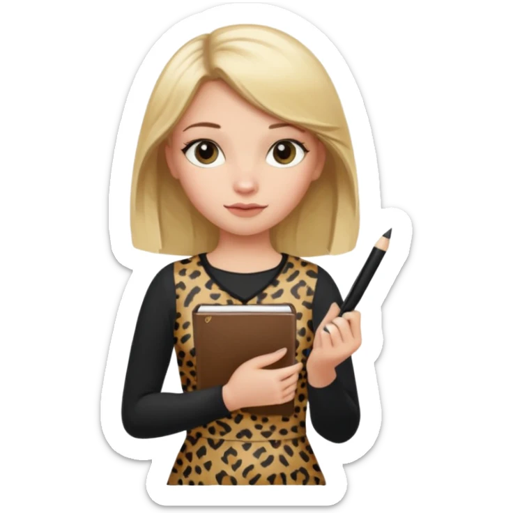 Blond hair girl with a leopard print dress and black leggings holding a note book and a pen sticker