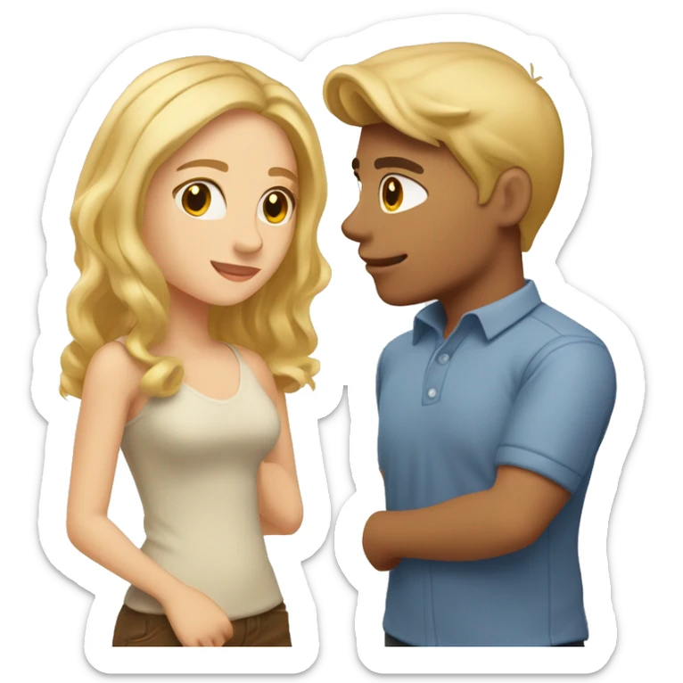 Create a kissing couple a guy with blond hair, a jock with short hair, sideways hair, a girl with honey-colored hair with styling, both have brown eyes sticker