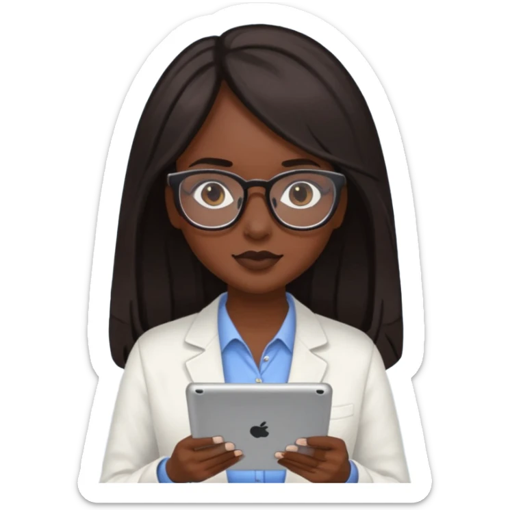 Yo, una chica de piel morena de pelo largo oscuro con lentes para ver, con la tablet trabajando  sticker