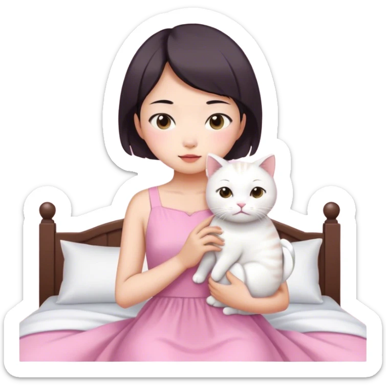 Short hair Asian girl wake up with white cat in pink dress  sticker