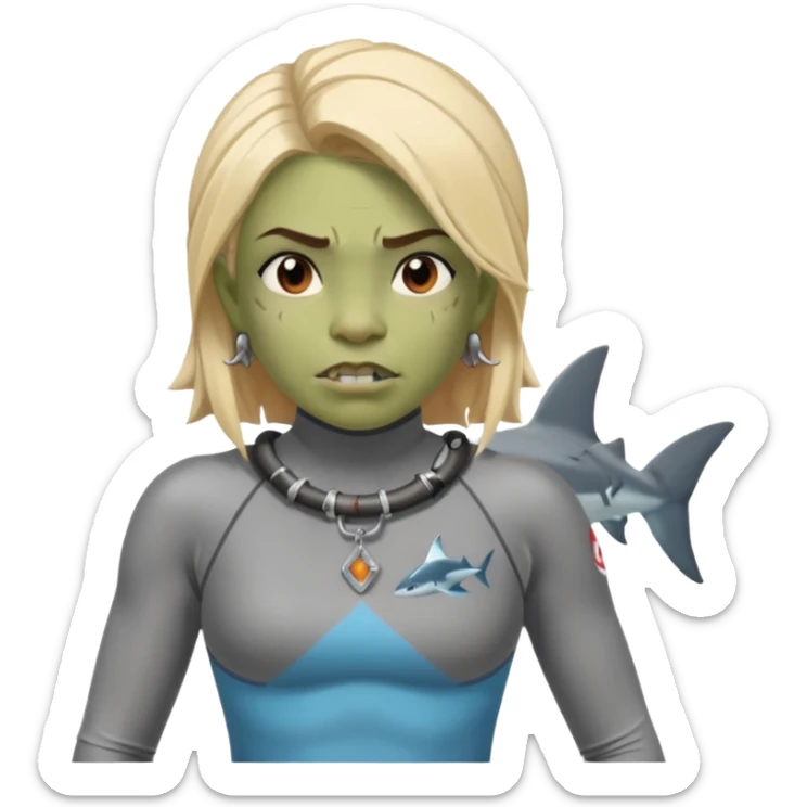 orc female in rescue tube, scanning horizon. Rash guard, shark tooth necklace sticker