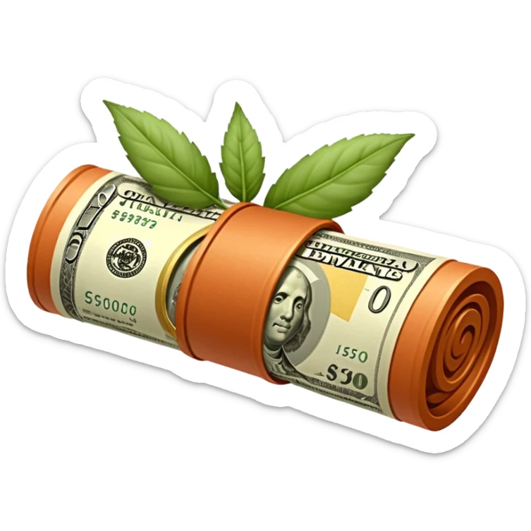 Una miniatura fotorrealista de un billete de cien dólares enrollado elegantemente con un hilo de oro brillante y un pequeño acento de hoja de salvia. Fondo terracota. Estilo: lujo financiero y orgánico sticker