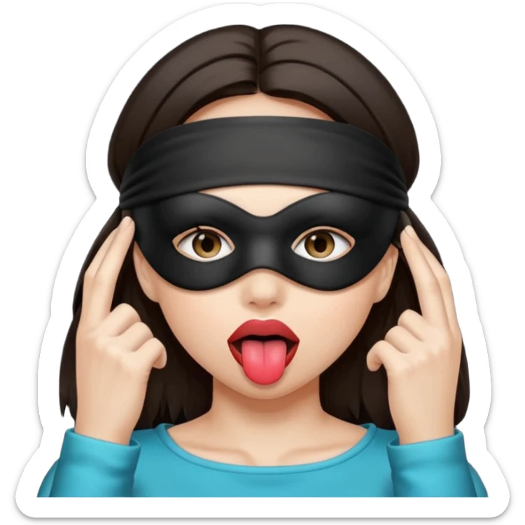 woman with dark brown hair wearing black blind fold completely covering her eyes. tongue out sticker