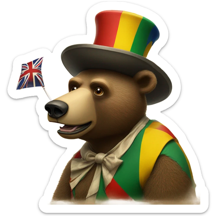 Bear Grills the British survivor in a clown hat in a circus smoking a rolled up cigarette with Jamaican flags  sticker