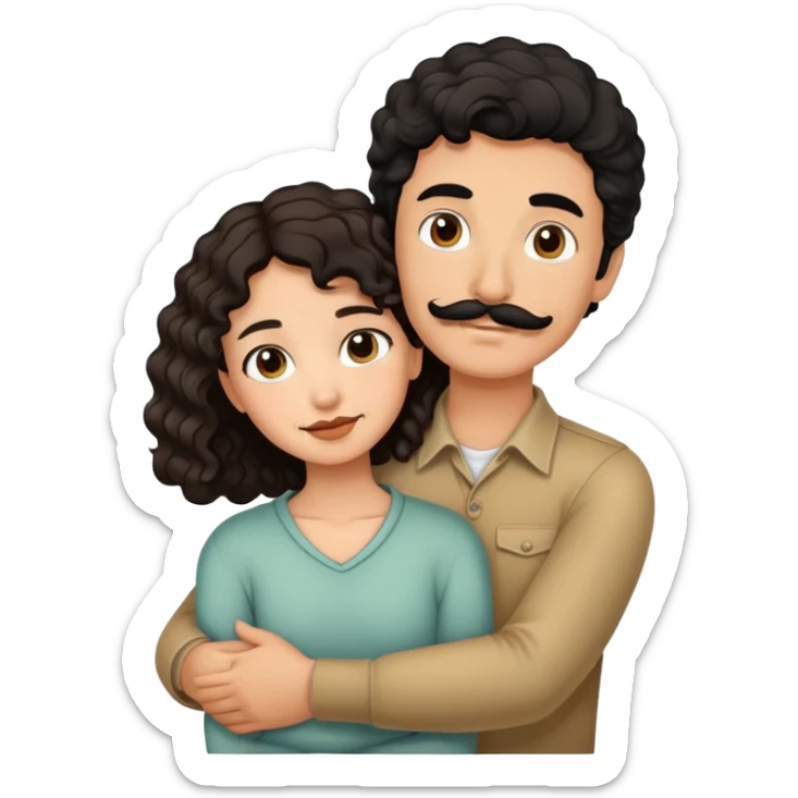 Short brown hair girl curly long hair hugging tall black hair boy with mustache  sticker