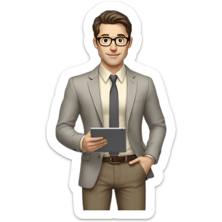 Pale skinned fit man with dark brown hair in gray jacket, beige office shirt, brown tie, brown pants and vintage glasses Writing on the tablet sticker