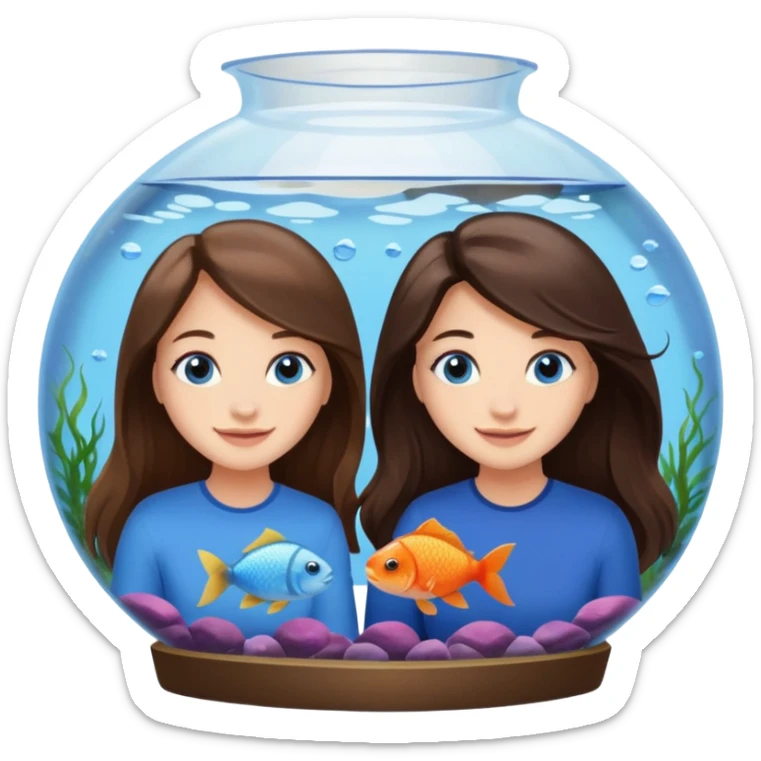 two brunette girls long hair blue eyes in an aquarium looking at fish on a daye sticker