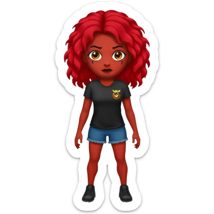Faça me um emoji de um zumbi mulher de cabelos vermelho escuro longos ondulado usando uma blusa preta, faça no estilo iphone sticker