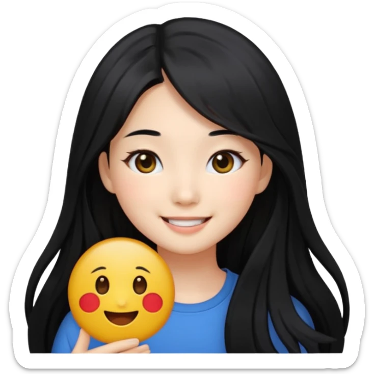 beautiful Korean girl with long black hair and black eyes, emoji style sticker