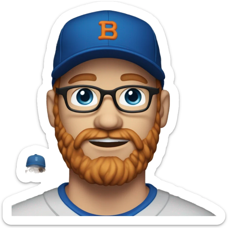 35 year old, male, short curly red hair, pale, thick beard, blue eyes, glasses, black shirt, blue baseball hat sticker
