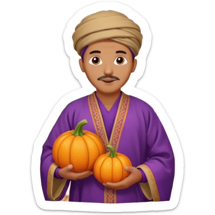 Tan Moroccan man sitting holding with pumpkin and purple grapes in countryside  sticker
