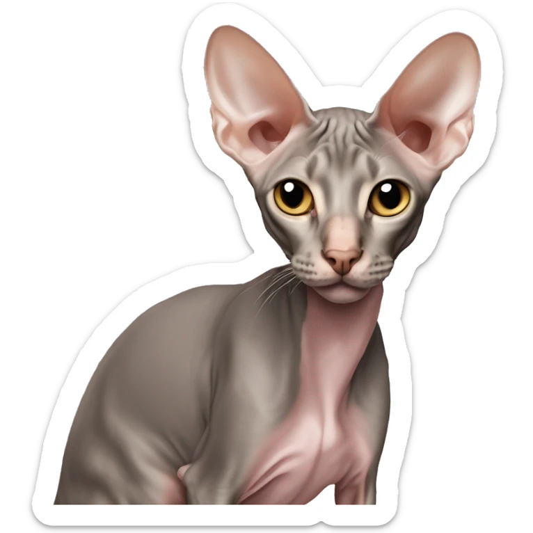 Realistická Peterbald mačka s nahou kožou, veľké uši čiernej farby, čierny nos, sfarbenie v siamskom štýle (svetlé telo s tmavšími končekmi labiek, uší a chvosta), svetlo modré oči, detailný a emotívny vzhľad.” sticker