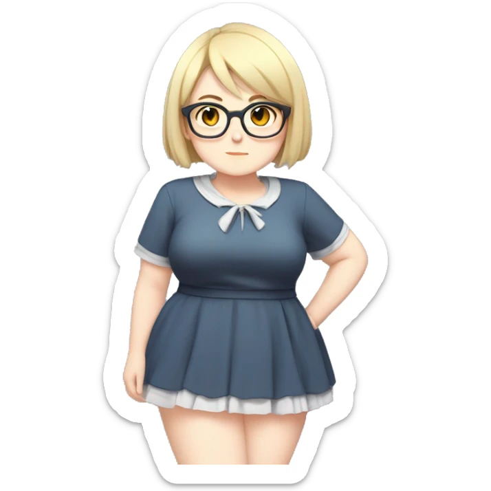 Chubby anime girl with glasses and short blond hair, full body wearing cute dress sticker