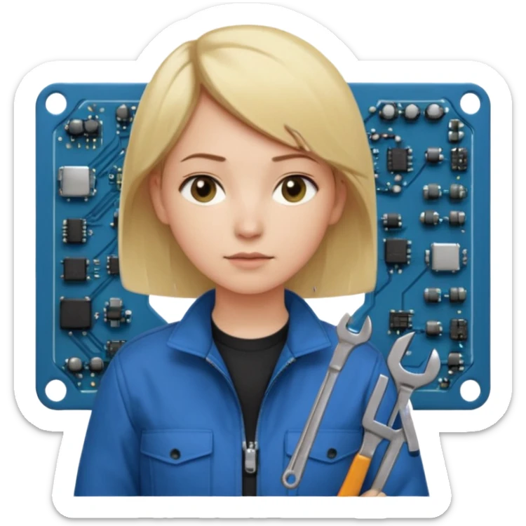 Calm and independent female engineer, fair skin, short straight blonde hair tucked behind the ears, neutral but focused expression, wearing a fitted blue utility jacket over a black crew-neck top, holding a small wrench in one hand and a circuit board in the other, waist-up, front-facing sticker