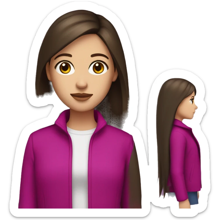 white girl with brown eyes, long straight dark brown hair, curtain bangs, and a magenta jacket sticker