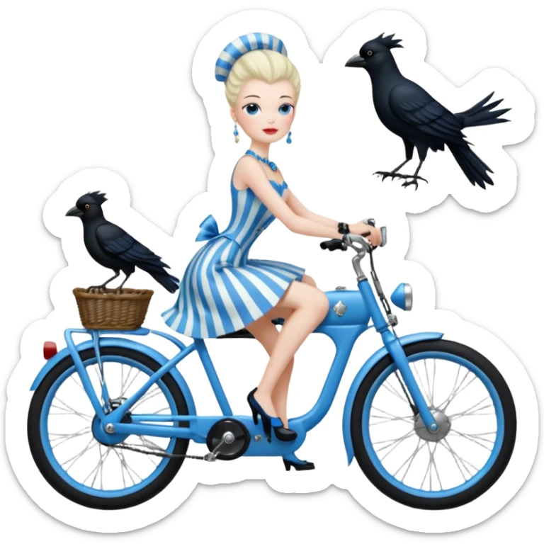 1920s coal hair hotrod Silkstone Marie Antoinette Morticia Addams Barbie Wednesday Addams from academy in a blue and black vertically-striped classic dress. riding matte black hot rod electric bikes with crows sticker