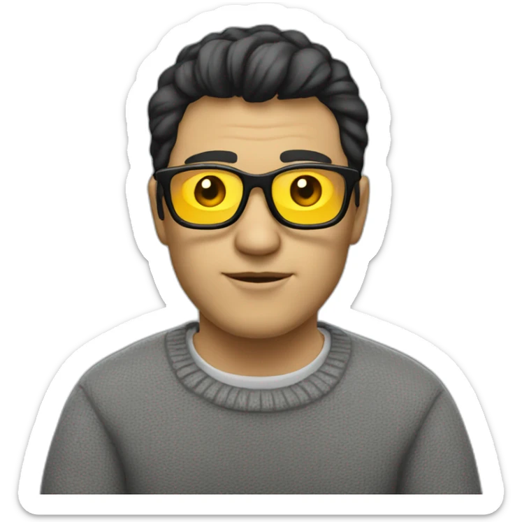 White man with yellow tinted glasses and black hair in a gray jumper and sitting on a chair sticker