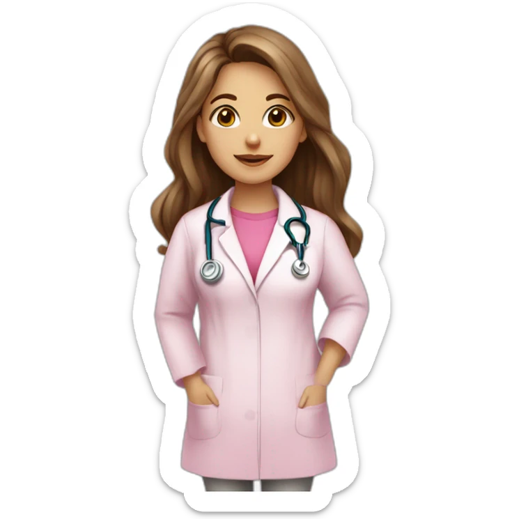 White Latina girl, a speech therapist with Brown long hair, Brown eye wearing a pink t-shirt and a medical coat sticker