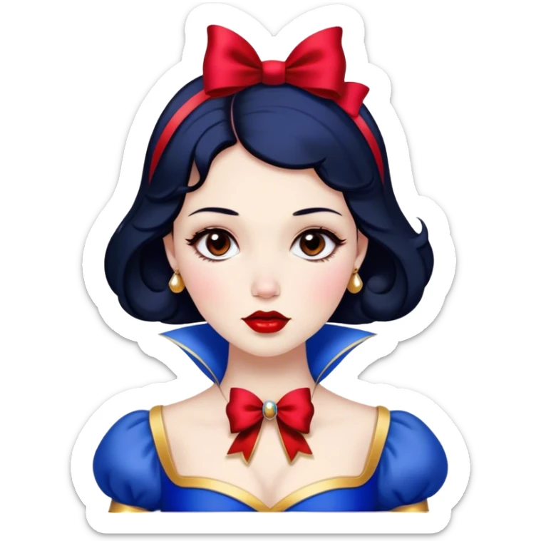 Cinematic Stunning Snow White Portrait Emoji, Fair skin glowing like porcelain, ruby-red lips, deep brown eyes full of kindness, raven hair framed by her iconic red bow, wearing her royal blue and gold gown, exuding timeless beauty and grace! sticker