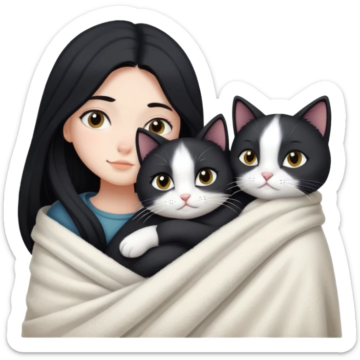 A girl with fair skin and long black hair wrapped in a blanket hugging a black and white cat sticker