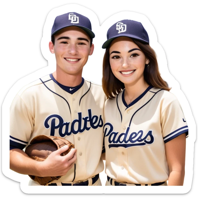 *White* Smiling couple. Woman has big cheeks and a lot of freckles on the nose. long brown hair. Man has black and very short hair and prominent eyebrows with egipcian nose. Both are wearing “Los Padres” baseball jerseys and with a sign that says “Go Padres!” sticker