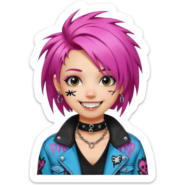 a punk girl with neck-length dyed hair and wear a punk graffiti jacket with black choker grin playfully  sticker