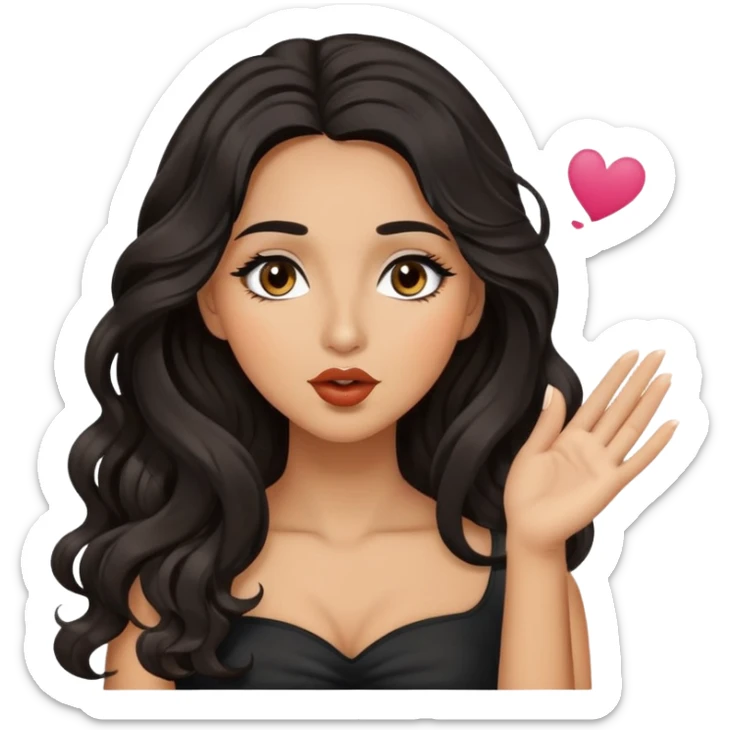 woman with olive skin, brown eyes and long lashes, and long black wavy hair blowing kiss sticker