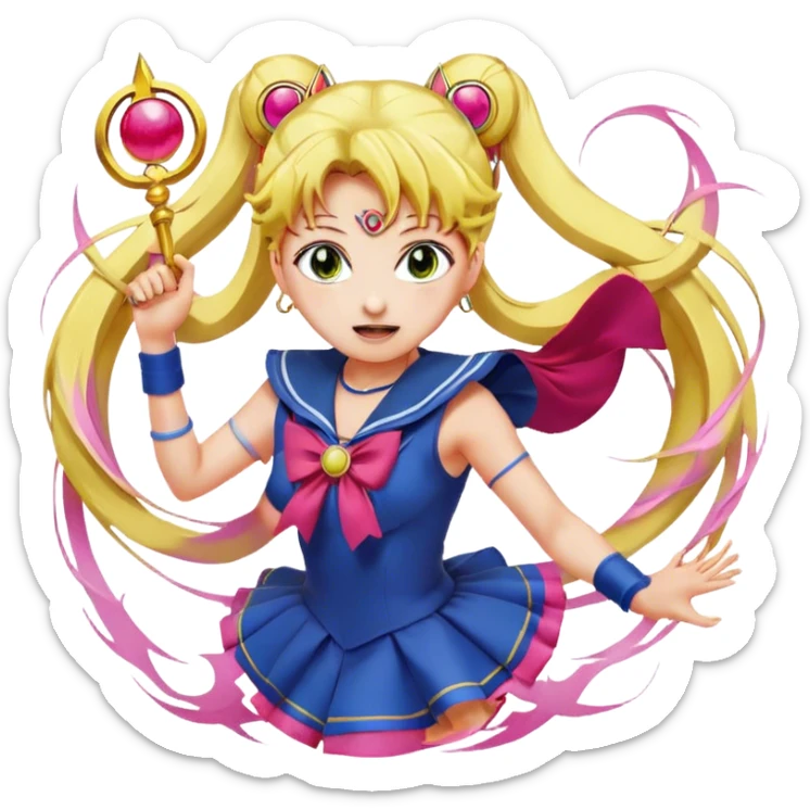 Icon for Anime: vibrant, dynamic scene with Bishoujo Senshi Sailor Moon in action, featuring exaggerated expressions and colorful backgrounds. The design should reflect the distinct, energetic style of anime, with iconic eyes and unique visual elements. Transparent background. sticker