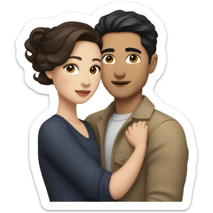 A pale half Asian man with short dark hair and amber eyes embracing and loving a white woman with long wavy brunette hair and dark hazel eyes. They love each other a lot And have good fashion taste and are hugging each other tight  sticker