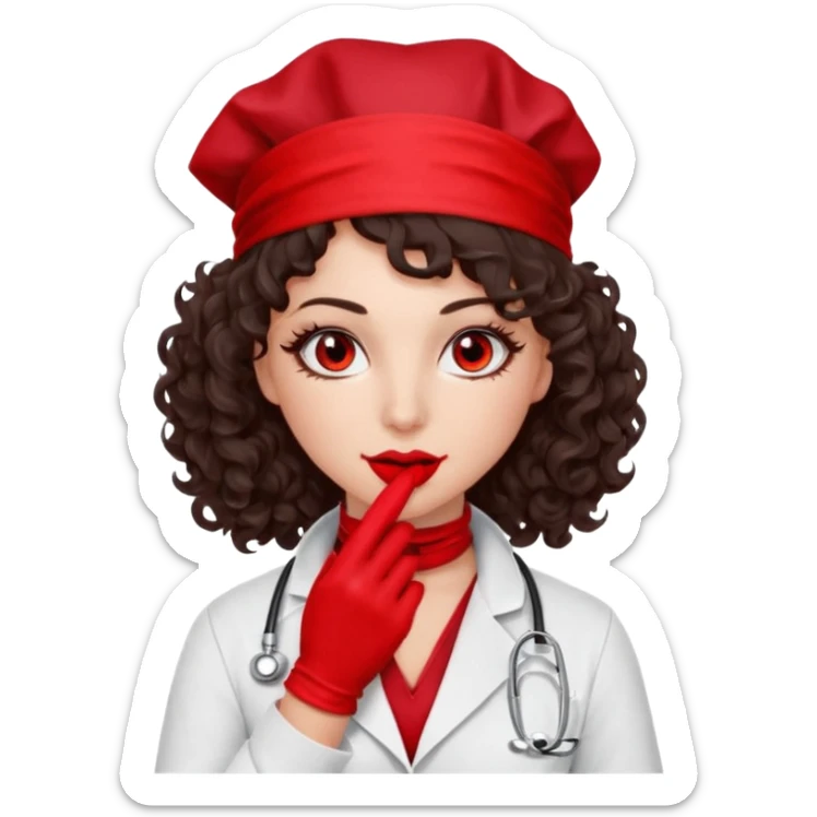 Lilith scalpel in hand, evil surgeon sexy surgeon clothes.  She has red eyes. Dark brown curly hair. Wears sexy doctor outfit with red gloves.covers her mouth necknose with red bandana to hide  her identity. Hair is long and brown sticker
