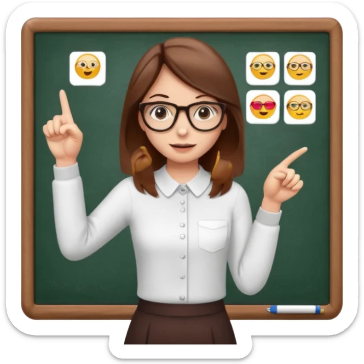 Make an emoji of a girl with brown hair who is teaching how to make emojis on a board pointing to the board like a teacher sticker