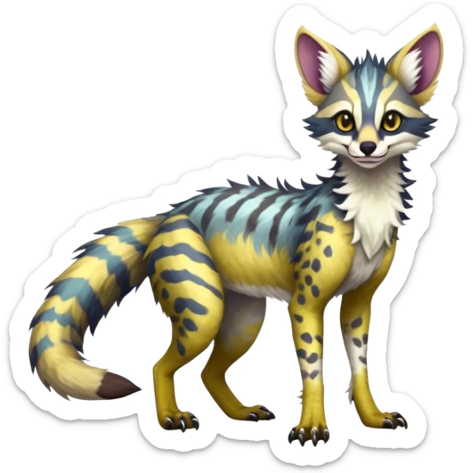 Feral Rare Fantasy dark colorful pastel vibrant Vernid-Sergal-Genet-Trico-species by LiLaiRa, random markings, tufted tail, tufted ears, full body sticker