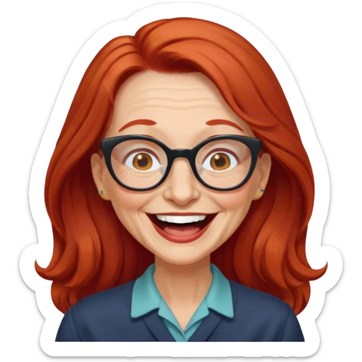 obese; older 50's ; long red hair ; women hazel eyes; glasses ; laughing sticker