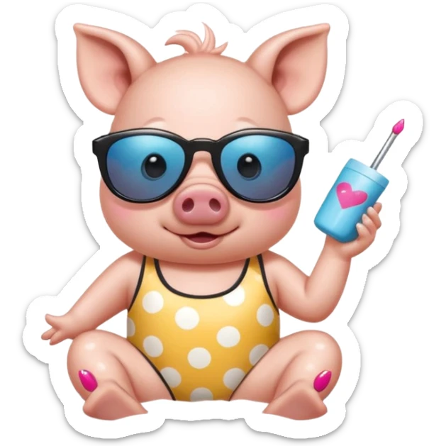 cute pig wearing  star-shaped sunglasses and polka dot bathing suit on all fours with nail polish, with a name tag saying hi my name is gerald sticker
