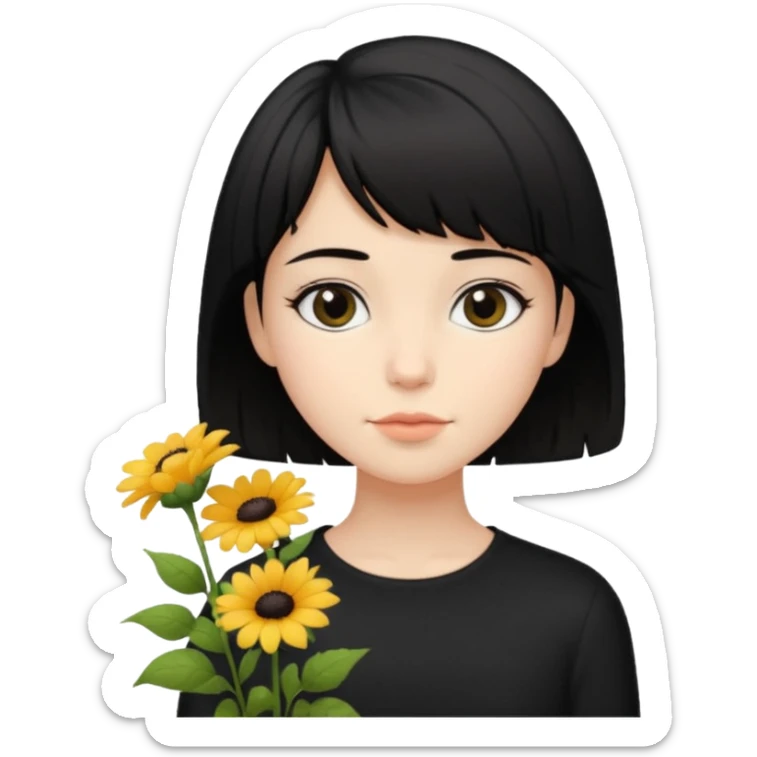 a pretty bratz fair girl with short black shaggy hair with a tall boy and flowers wearing black sticker
