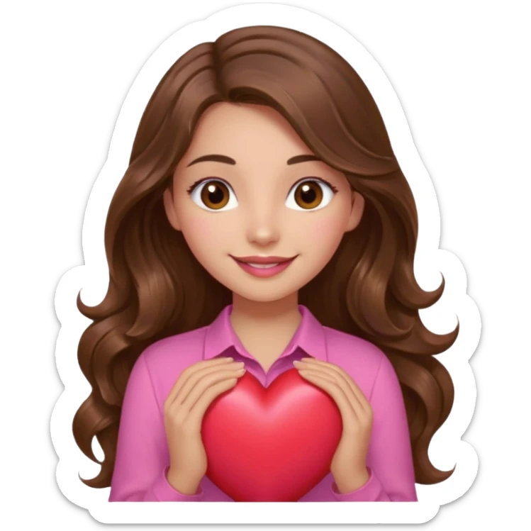 girl with long wavy brown hair, brown eyes, light to medium complexion, in a pink shirt, pink lips, long lashes, smiling, hugging a heart sticker