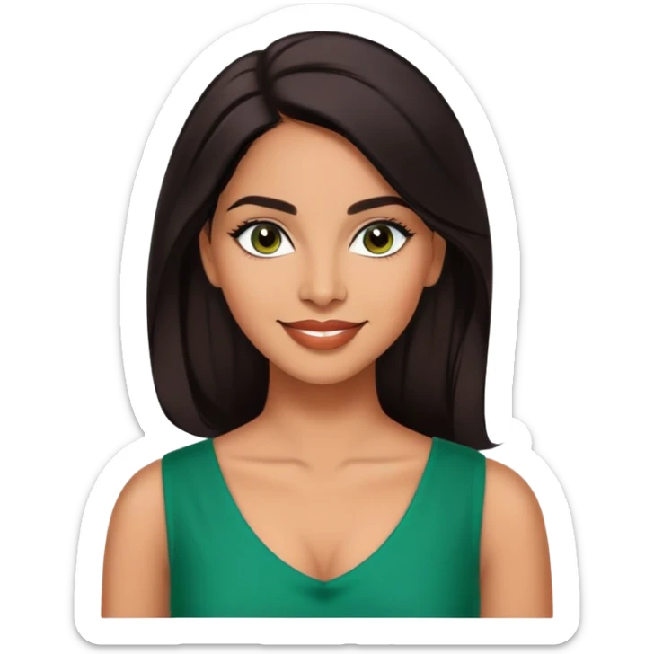 Professional portrait of Lynette Torres, Puerto Rican actress with radiant medium brown skin, charismatic expression, bright dark eyes, beautifully shaped eyebrows, charming smile, long sleek dark hair, wearing an elegant green top sticker