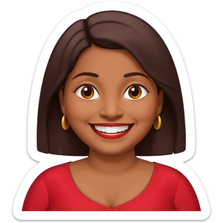 50 yr old chubby Sri Lankan woman, dark skin, straight brown hair, big smile, white teeth, red dress clothes, shoulder length hair sticker