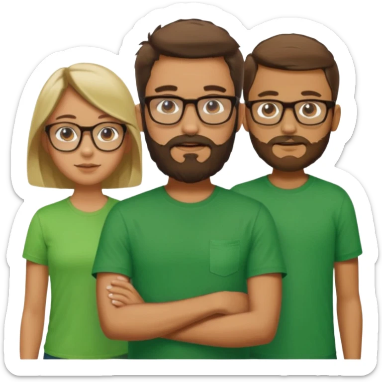 A family consisting of a man who's bearded, tanned, wearing glasses, a woman, slightly tanned, and a 14 year old teenage boy, slightly tanned, wearing a green t-shirt sticker