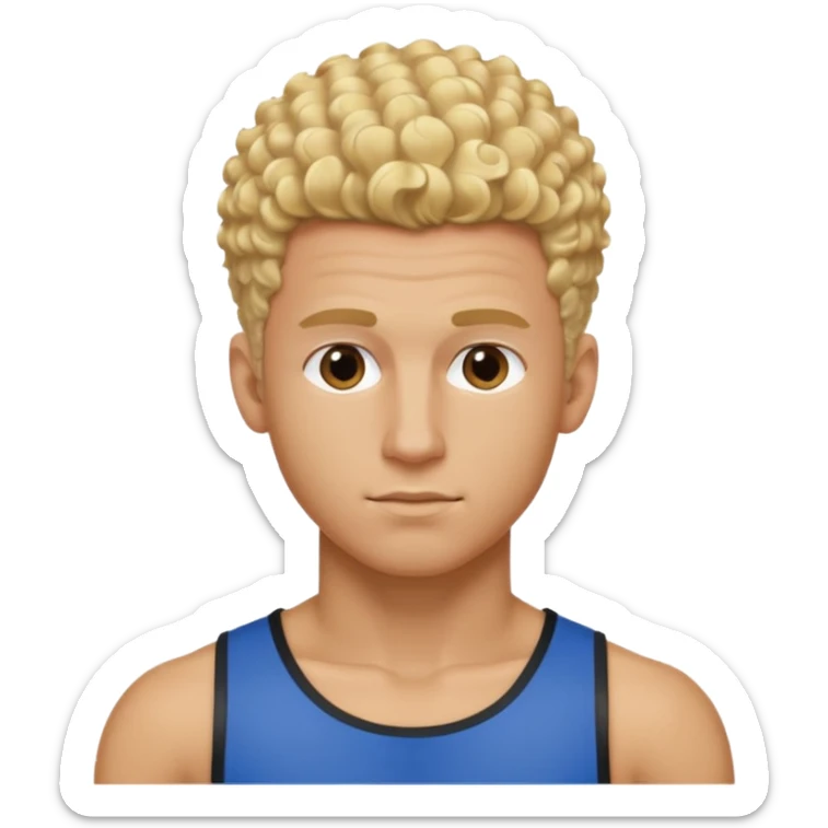 Athletic man with blond curly hair, straight on sides, thick neck, high top fade with no part, no shirt and show abs sticker