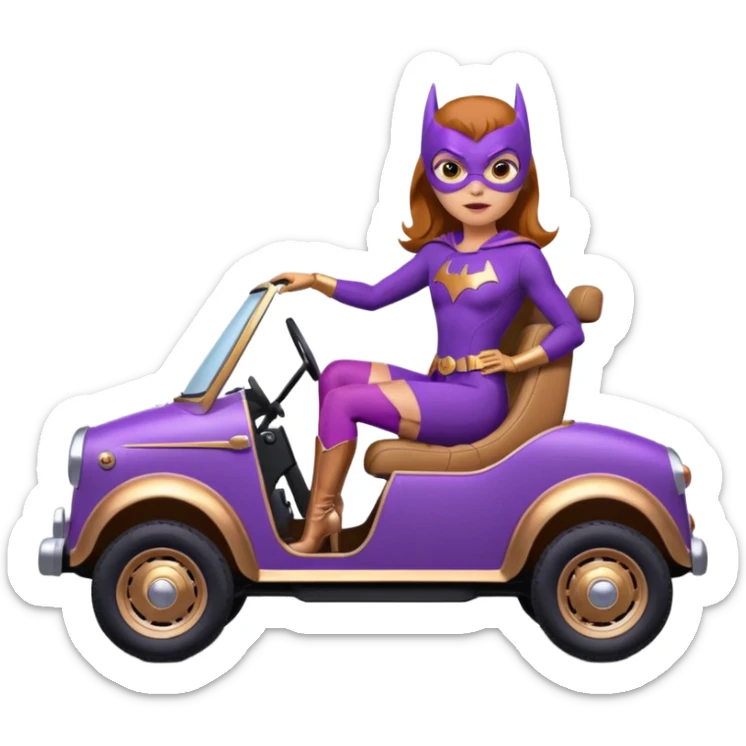 Hot full size real-appearance racing action BatGirl’s purple tights sixty’s tv show 1932 stealth retro cat burglar sporty petite off-road pursuit mobile cruiser car rose gold accents (reclined and relaxed seating position and attitude) sticker